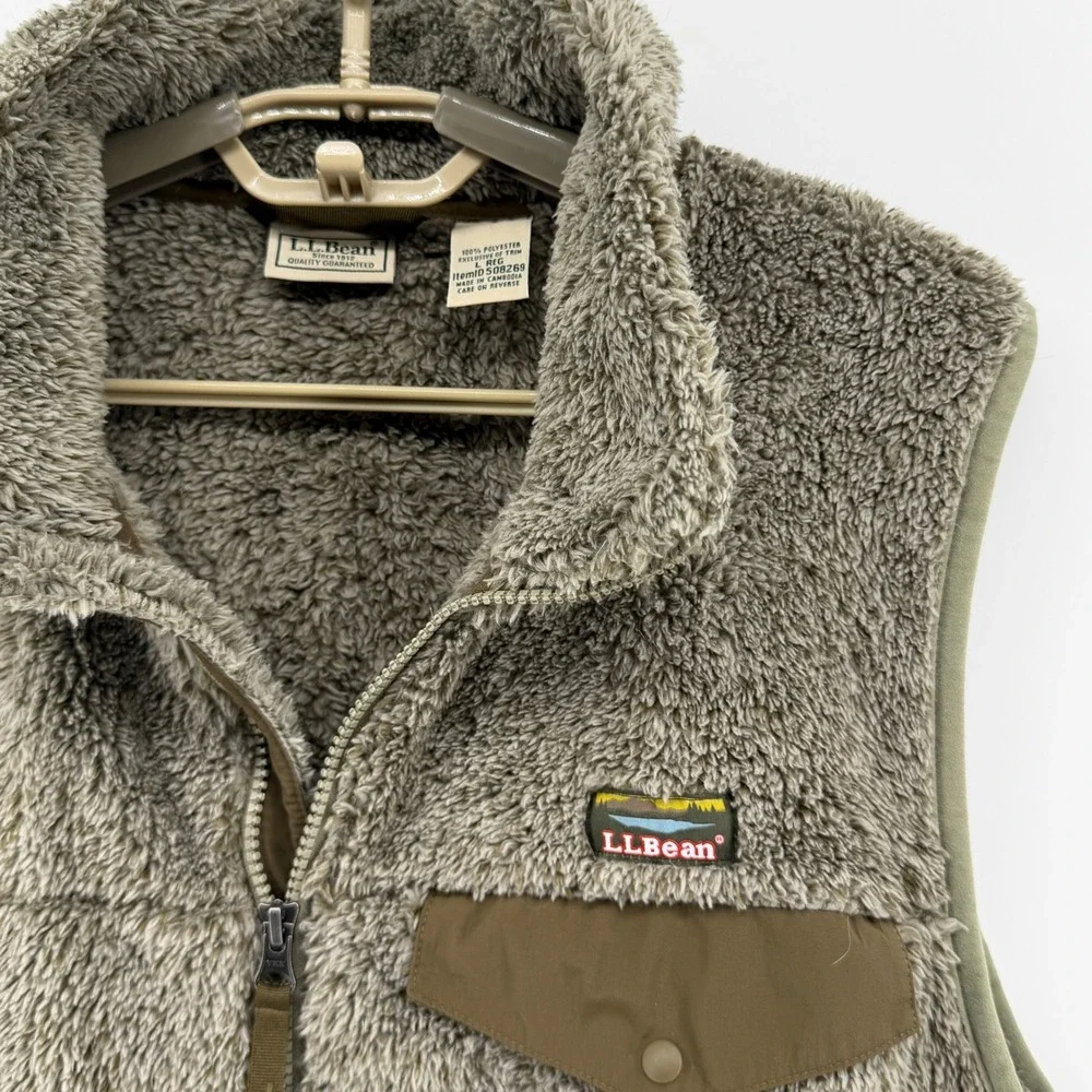 LL Bean Mens Large Mountain Classic Hi-Pile Sherpa Fleece Vest Olive Green 50826